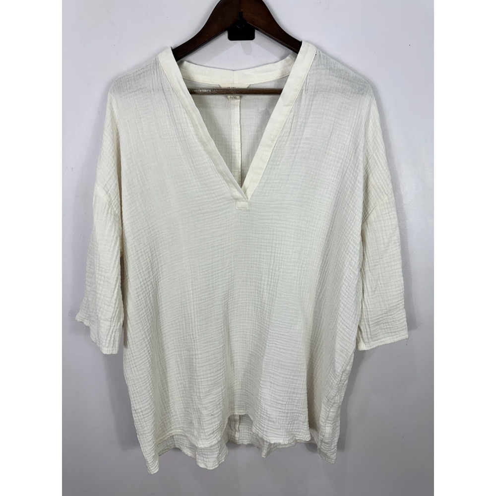 UpWest Tunic Top Womens L/XL Ivory Cotton Double Gauze V-Neck Boho Relaxed